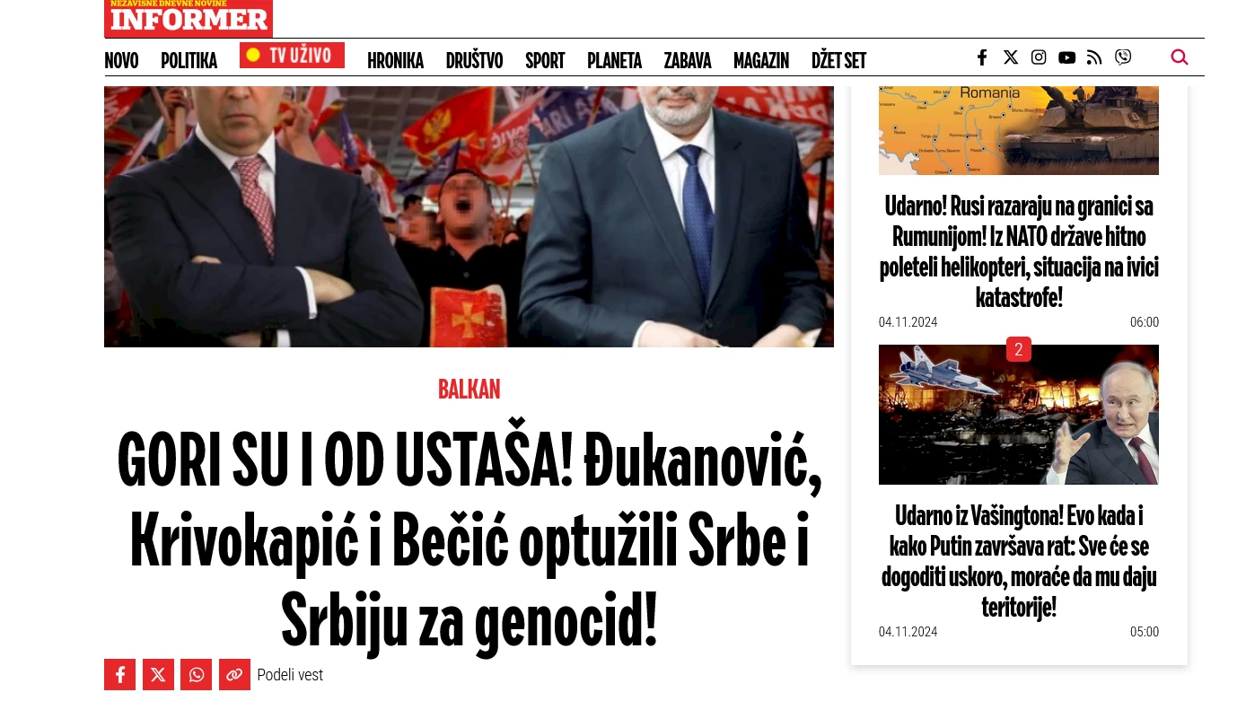 Tekst u dnevniku "Informer" o usvajanju Rezolucije o Srebrenici u Skupštini Crne Gore. Foto: Informer.rs/Screenshot
